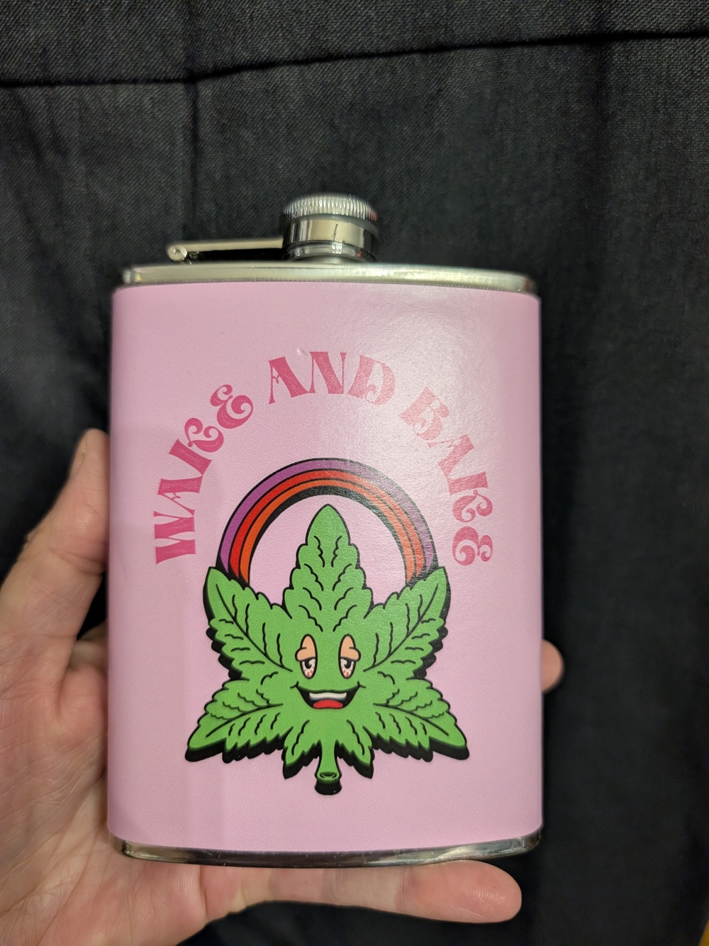 Pink Decorative Hip Flask with Green Leaf Graphic